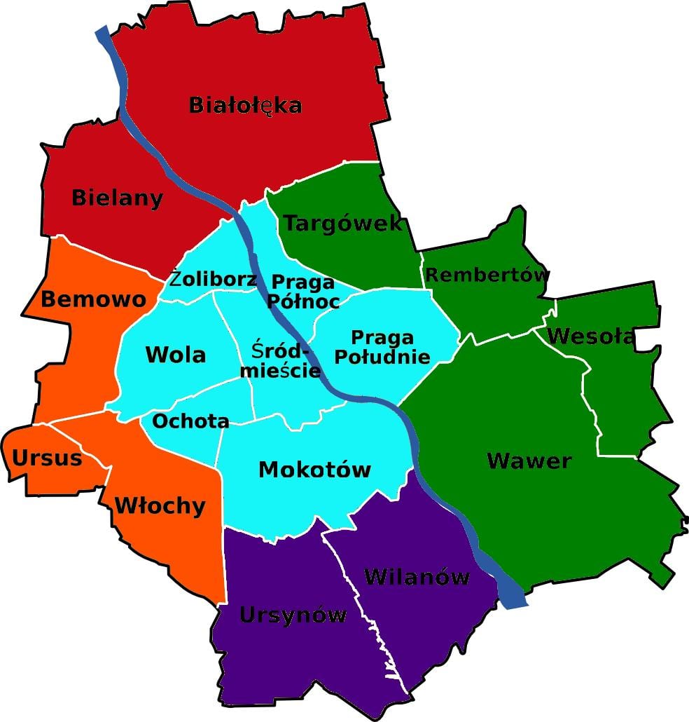 નકશો વોર્સો જિલ્લાઓ